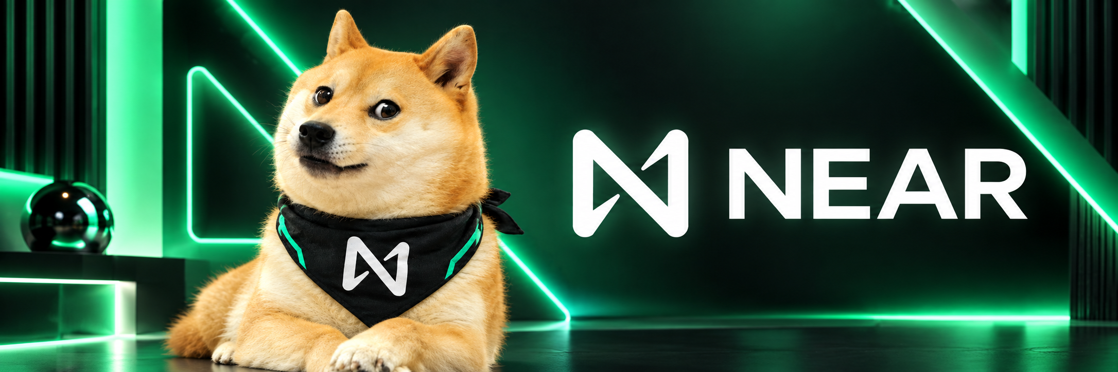 NEARDOGE beside the NEAR mark in a green neon room